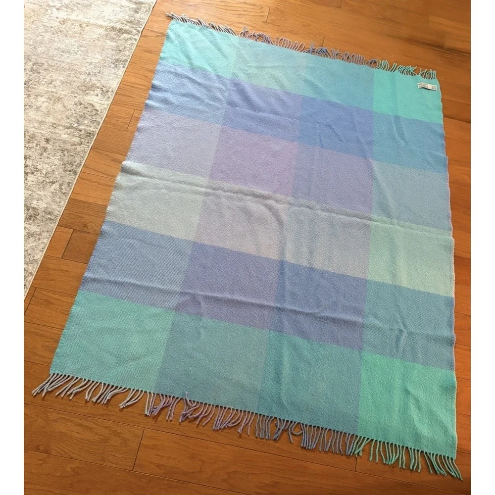 VTG IKEA 100% pure Wool Throw Blanket Plaid Fringe Pastel Cottagecore 71